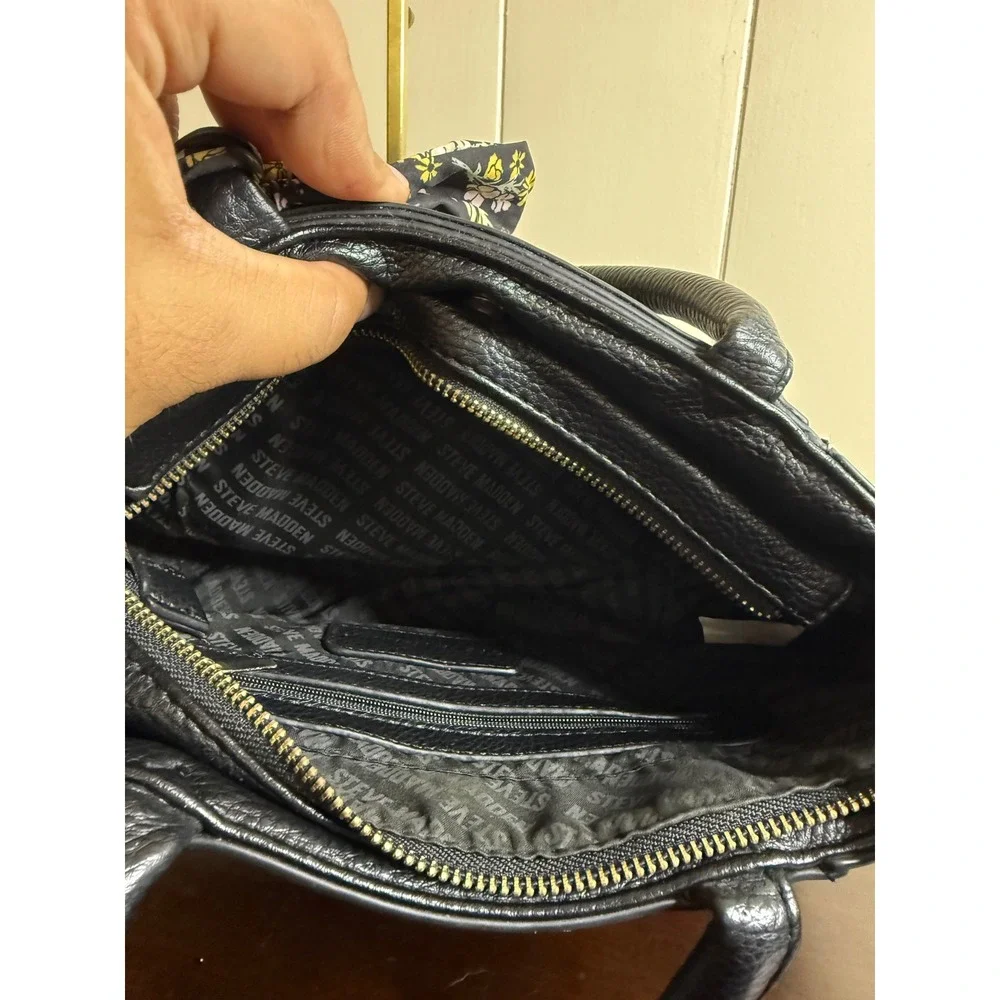 Steve Madden Satchel Handbag Women's Black Purse with Floral‎ Scarf Accent